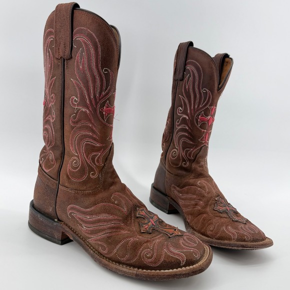 Tony Lama Shoes - Tony Lama Women's 6.5 B Brown Western Cowboy Boots Square Toe Cross Embroidery